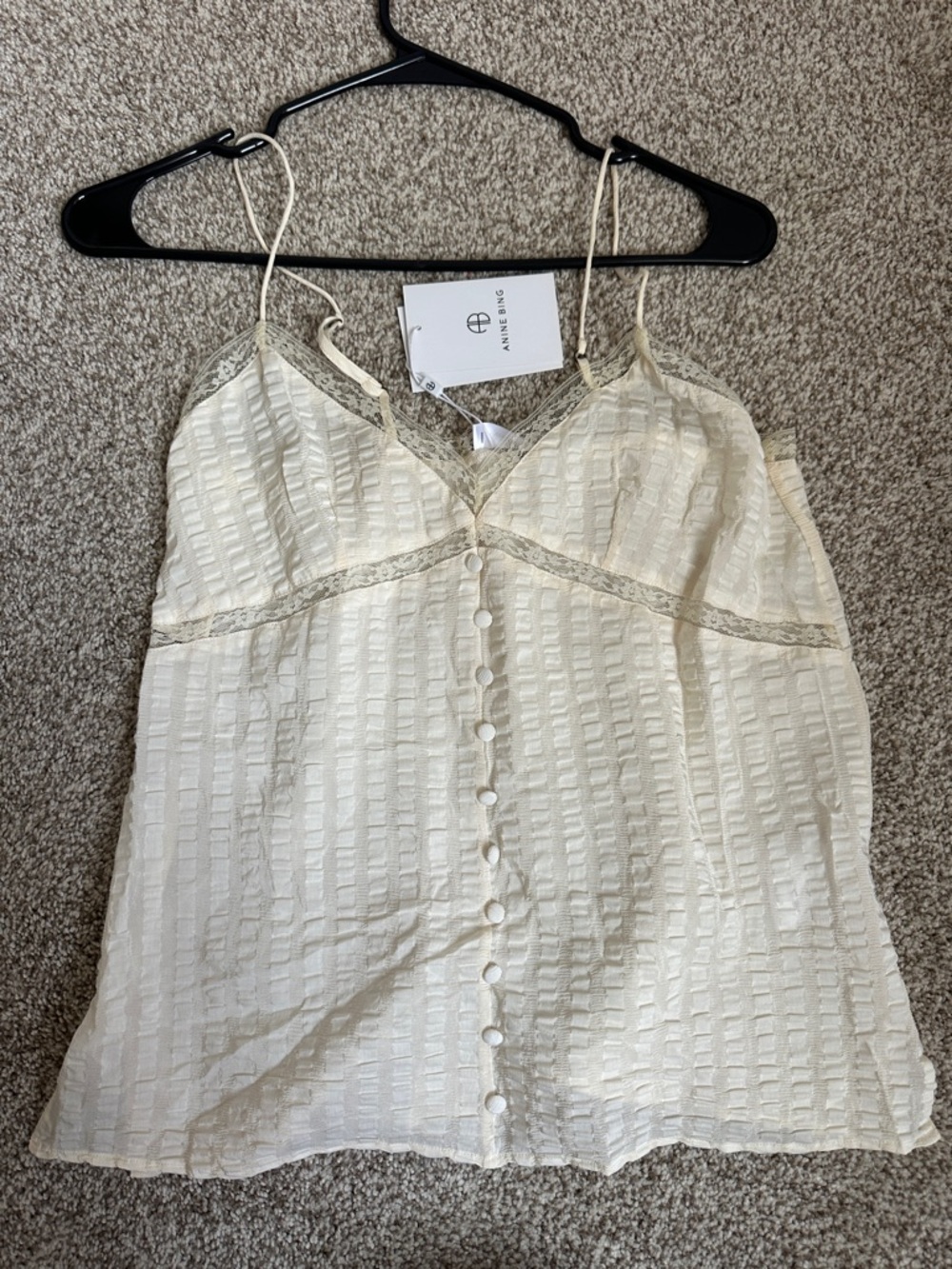 Anine Bing Cream Lace-Trim Button-Front Cami Top